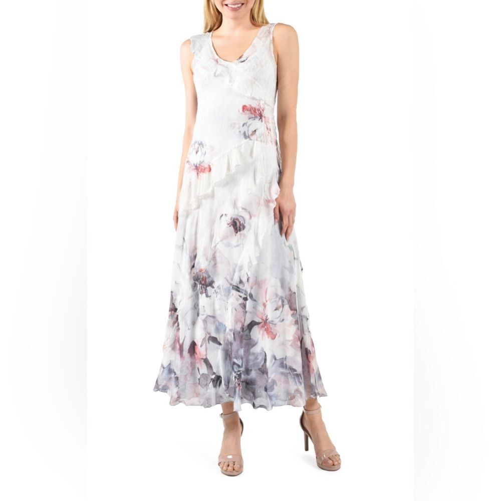 NWT- Komarov Ruffle Tiered Chiffon & Charmeuse Maxi Dress - Picture 1 of 8
